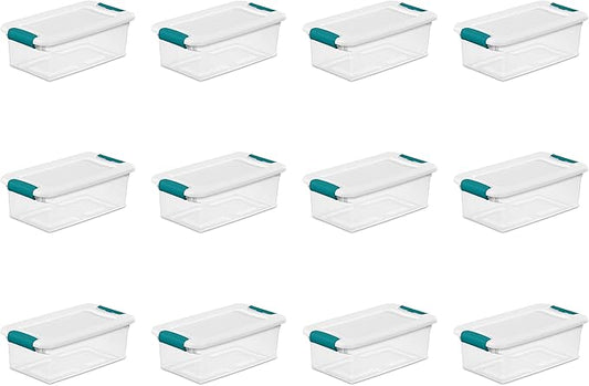 Sterilite 6 Qt Latching Storage Box, Stackable Bin with Latch Lid, Plastic Container to Organize Shoes on Closet Shelf, Clear with White Lid, 12-Pack