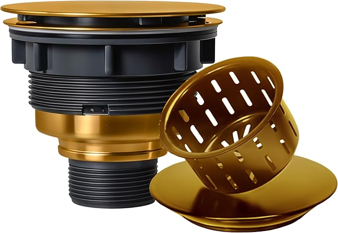 Strictly Sinks Sink Drain Strainer with Removable Basket - 3-1/2 Inch Stainless Steel Round Kitchen Sink Drain Assembly Kit with Deep Strainer Basket & Flat Cover Lid (Gold)