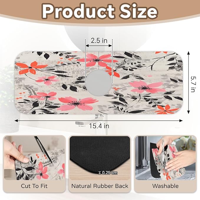 Gray Background Floral Kitchen Faucet Mat Splash Guard, 15.4”x5.7” Absorbent Quick Drying Sink Mat for Countertop Protection, Draining Mat Sink Protectors For Kitchen Bathroom, 1 Pack