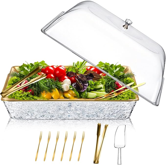 Baderke 1 Set 16" x 9.45" Chilled Serving Tray for Parties with Compartments and Lid Charcuterie Serving Board Ice Rectangle Chilled Party Platter for Seafood Vegetable Fruit Shrimp Cocktail (Gold)