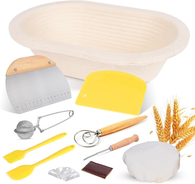 Non-Stick 10” Oval Wood Pulp Banneton Bread Proofing Basket Set, Sourdough Banneton Basket Kit, Bread Making Tool Sourdough Starter Kit with Proofing Bowl, Cover, Dough Whisk, Lame, Scraper