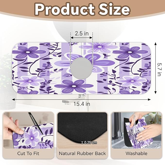 Purple Floral Stripe Kitchen Faucet Mat Splash Guard, 15.4”x5.7” Absorbent Quick Drying Sink Mat for Countertop Protection, Draining Mat Sink Protectors For Kitchen Bathroom, 1 Pack