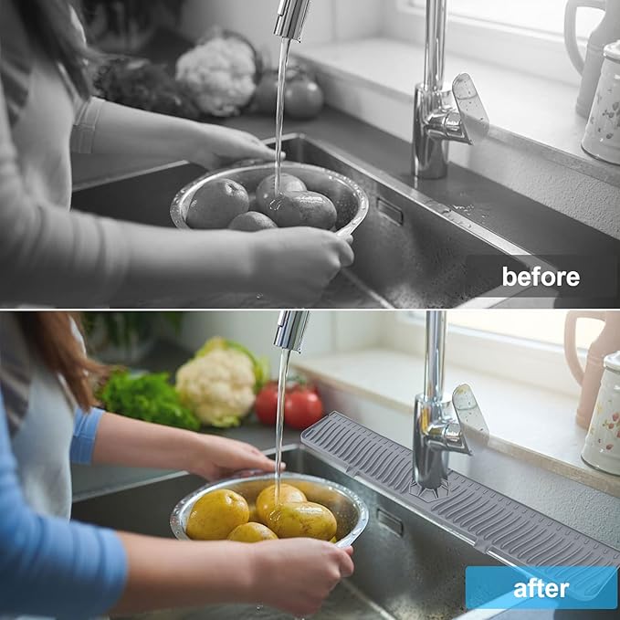 Derlights 30 inch Sink Splash Guard Mat,Silicone Faucet Handle Drip Catcher Tray, Longer Silicone Sink Mat for KitchenBathroom, Drip Protector Splash Countertop (gray)