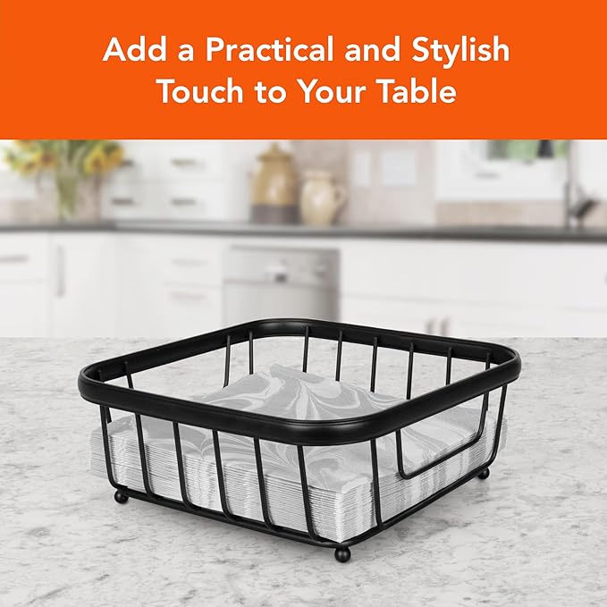 Spectrum Ashley Flat Napkin Holder Basket for Kitchen Counter & Dining Table Decor, Modern Heavy Duty Easy Access Napkin Dispenser for Cocktail Napkins, Black