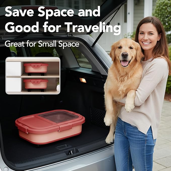 15 Lbs Dog/Cat Food Storage Container,Collapsible Food Storage Containers with Rolling Wheel Airtight Locking Lid,Pet Food Storage Container with Cup and Scoop,Pink