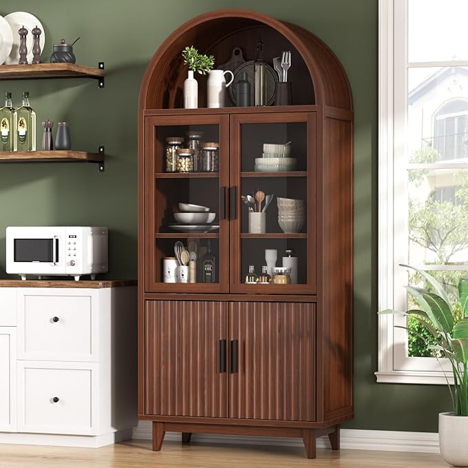 FiveWillowise Kitchen Pantry Cabinet with Glass Doors - Arched Design, Solid Wood Legs, Artistic Fluted Door, Adjustable Shelves, 70.8" Curved Storage Cabinet for Kitchen, Dining Room