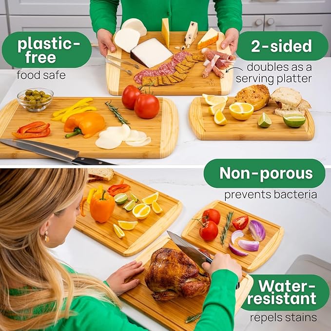 Organic Bamboo Cutting Board Set of 3 with Lifetime Replacements – Premium Extra Large Wood Cutting Boards for Kitchen with Juice Grooves for Carving & Serving, Non Toxic & Durable by Greener Chef