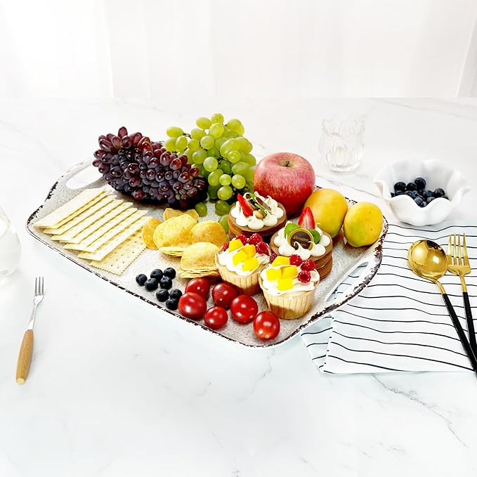 TP Large Serving Trays with Handles, 19" x 12" Melamine Serving Platters for Food, Turkey, Set of 2 Rectangular Trays for Party, Rustic White