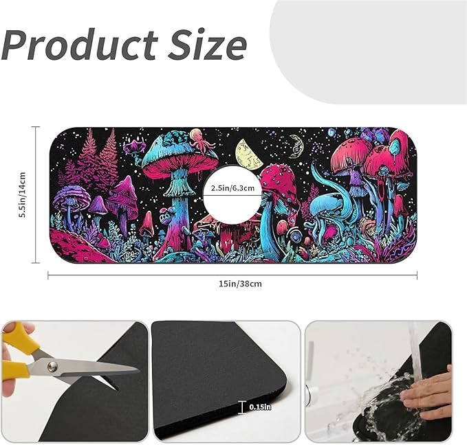 Kitchen Sink Splash Guard，Magical mushrooms plants Faucet Mat Sink Gadgets-Super Absorbent Fast Drying Mat Drip Catcher for Kitchen, Bathroom,Sink Mat, Dish Drying Mat, Bathroom(15" X 5.5" )