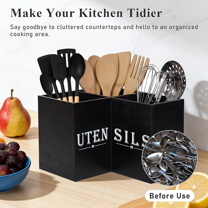 Top-spring Extra Large Utensil Holder for Kitchen Counter - Wooden Cooking Utensils Holder - Rustic Farmhouse Decor Kitchen Corner Utensil Organizer with 3 Compartment, Black Wood Utensil Caddy