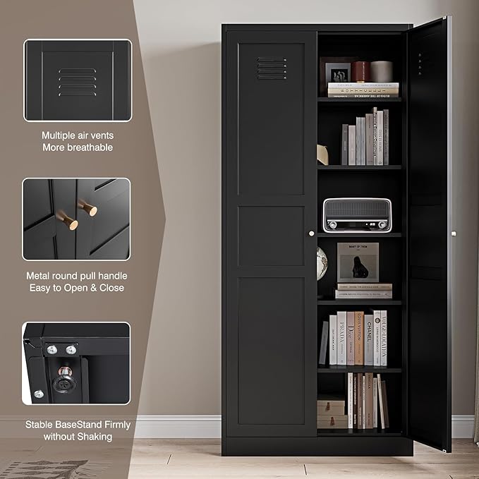 Yizosh Metal Storage Cabinet with 2 Doors and 5 Adjustable Shelves - 71" Black Kitchen Pantry Storage Cabinet, 5-Tier Tall Steel Cabinet Locker for Kitchen, Living Room, Dining Room