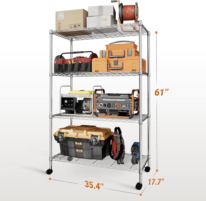 YSSOA Heavy Duty 4-Tier Shelving with Wheels, 35.43" W x 17.72" D x 61.02" H Adjustable Steel Organizer Wire Rack, 1400 Lbs Loading Capacity, Chrome