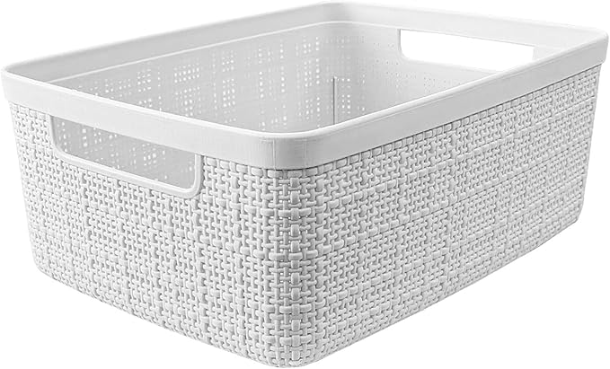 Curver Set of 8 Small 4.5L Jute Decorative Plastic Organization and Storage Baskets - Perfect Bins for Home Office, Closet Shelves, Kitchen Pantry and All Bedroom Essentials, White