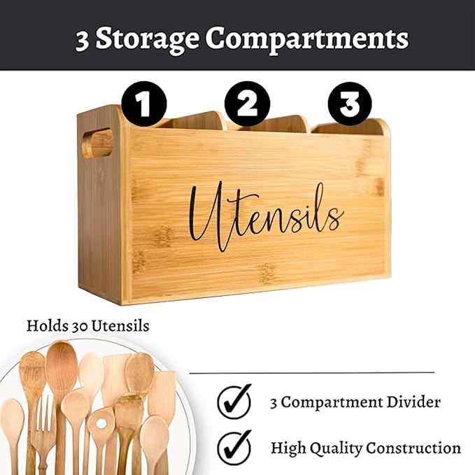 Bamboo Kitchen Utensil Holder for Countertop – Large 3-Compartment Organizer & Caddy with Drain Holes, Farmhouse Utensil Holder for Kitchen Counter, Rustic Wood Storage for Spoons & Spatulas