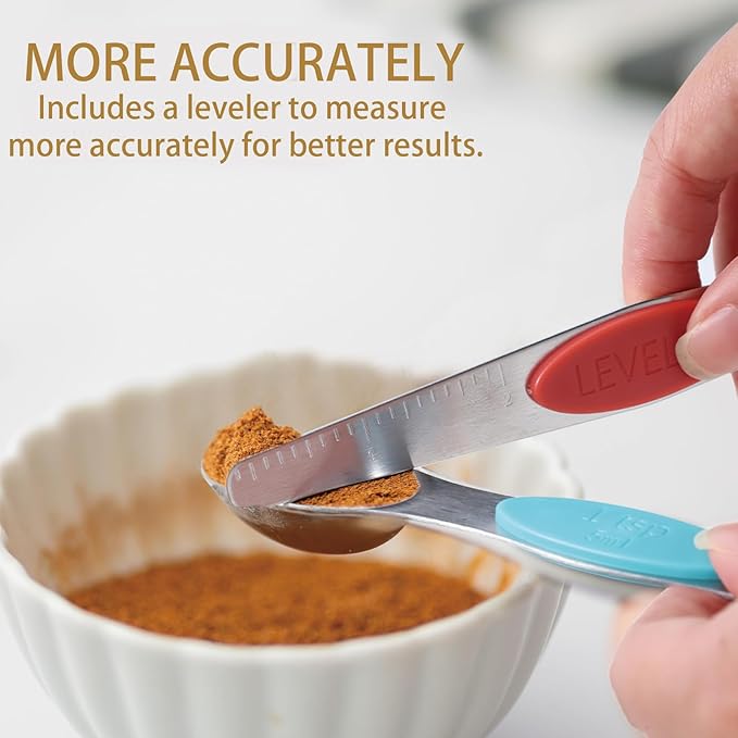 MiorBiit 12 PCS Measuring Cups and Spoons Set Stainless Steel, 5 Measuring Cups with Colorful Silicone Handle and 6 Double-Sided Magnetic Measuring Spoons & 1 Leveler for Cooking and Baking (5+6+1)