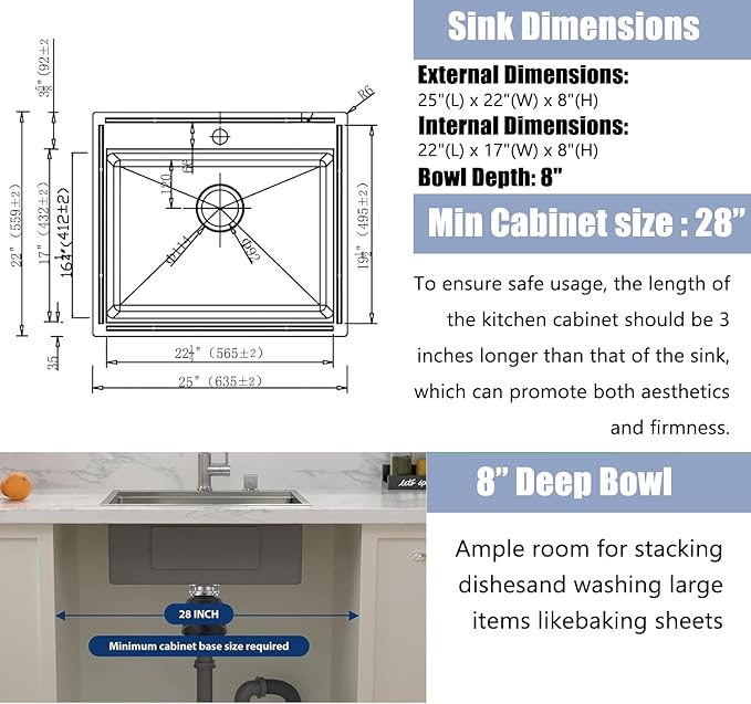 25 Inch Black kitchen Sink Drop in - 25"x22" Topmount Ledge Workstation Kitchen Sinks 16 Gauge Handmade Stainless Steel Single Bowl Sink with All Accessories for Kitchen Laundry Utility