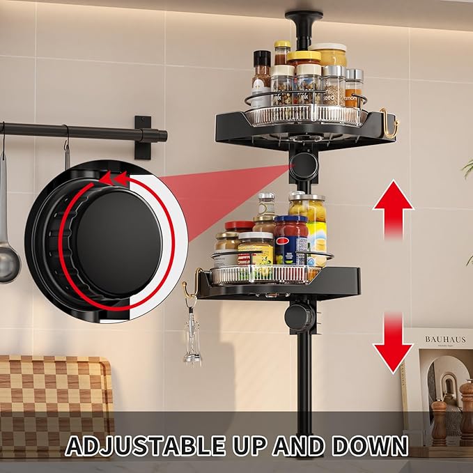 Kitchen Tension Pole Caddy, 19-39 Inch Adjustable No Drilling Countertop Organizer, 2 Tier 360 Rotating Corner Spice Rack for Salt with 2 Hooks for Kitchen, Spice Rack, Coffee Area(Black)