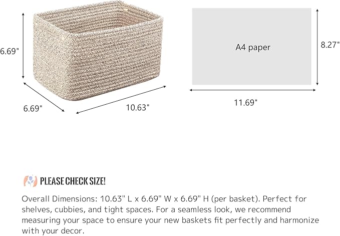 R RUNKA Small Cotton Rope Basket – Storage Bin for Organizing (10.6" x 6.7" x 6.7"), Bathroom Storage Basket for Shelf, Counter & Closet（Beige）