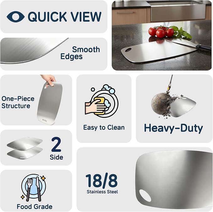 Beviss Cutting Board Set of 2, 100% Pure 18/8 Stainless Steel Cutting Board Double Sided, Chopping Board for Kitchen, Dishwasher Safe Chopping Board for Meat, Vegetables or Fruit, S+M