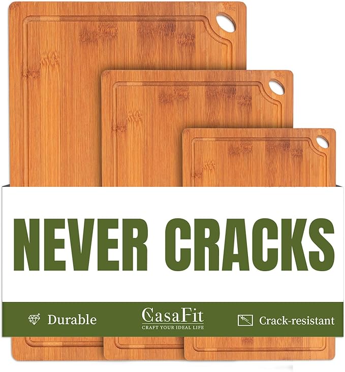 CASAFIT 3 Pack Bamboo Cutting Boards for Kitchen, No Slip Chopping Boards with Juice Groove, Multi-Size Cutting Board Set for Meat Vegetable Fruit for Home & Housewarming Gfit, Wooden Chopping Board
