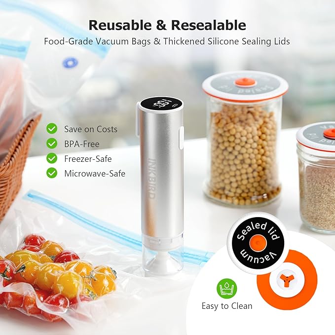 INKBIRD Sous Vide Vacuum Sealer Set - 10PCS Reusable Sous Vide Bags with Air Valve, Hand Vacuum Sealer Pump with Reusable Vacuum Sealer Bags for Anova, Joule Cookers, BPA Free Sous Vide Cooking Kit