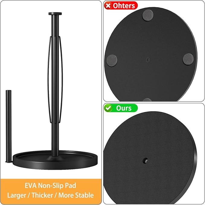 Paper Towel Holder Countertop, Stainless Steel Paper Towel Holder for Kitchen Roll Dispenser, Freestanding Paper Towel Holders with EVA Non Slip Base, Black