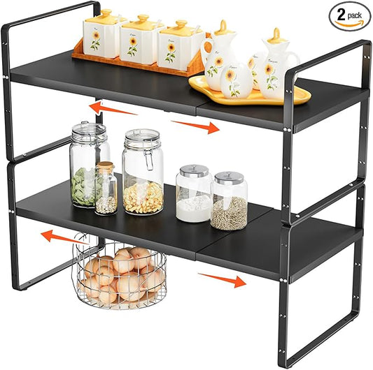 DPZM 2Pack 16.5-27’’L Expandable Stackable Cabinet Shelves, Adjustable Spice Rack Cabinet Shelf Organizer for Kitchen, Countertop, Pantry and Cupboard, Black