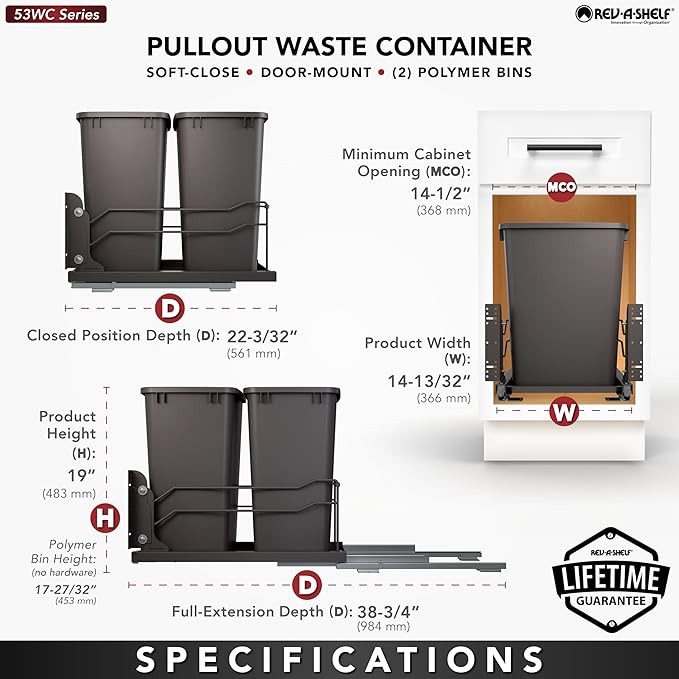 Rev-A-Shelf Double Pullout Trash Cans for Under Kitchen Cabinets 35 Quart 8.75 Gallon with Soft-Close Slides, Orion Gray, 53WC-1835SCDM-213