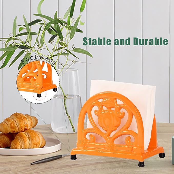 MINLUFUL Napkin Holder for Table - Vintage Farmhouse Kitchen Restaurant Cast Iron Napkin Holder for Dinner Cocktail Paper Napkins, Orange