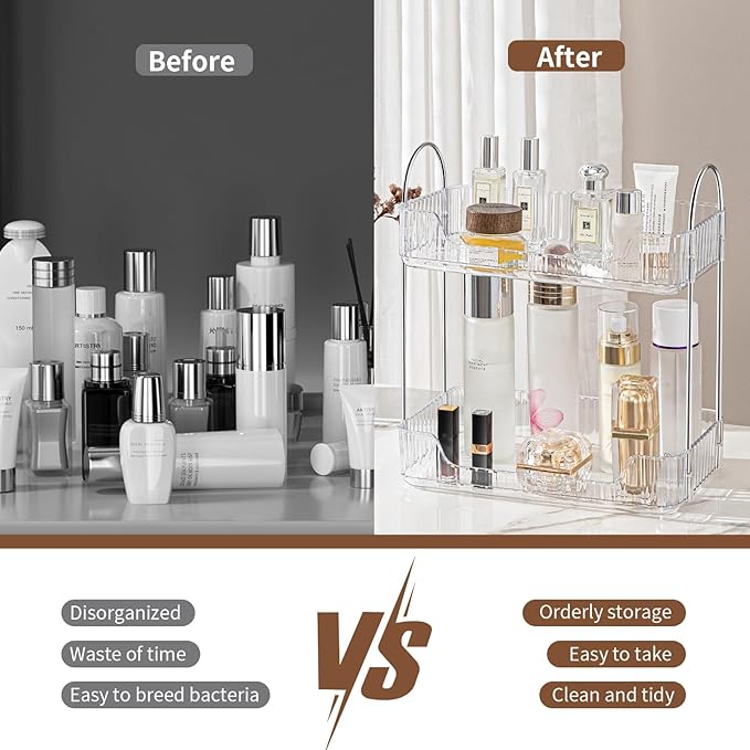 Clear 2-Tier Vanity Organizer - Countertop Shelf for Bathroom Cosmetics, Toiletries, Lotions, Perfumes