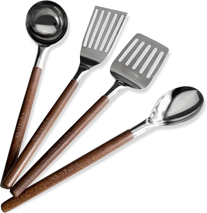 Salt & York 4-Piece Stainless Steel Cooking Utensil Set – Handcrafted Walnut Wood Handles, Mirror-Polished 18/8 Steel – Durable, Heat-Resistant Kitchen Tools & Premium Gift for Home Cooks
