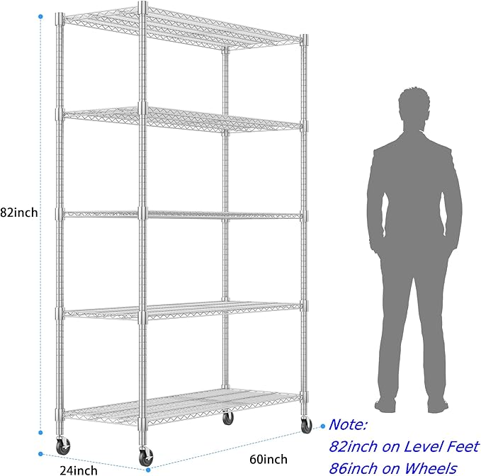 Homdox 5 Tier Heavy Duty Storage Shelves, Wire Shelving Unit with Wheels, Commercial Adjustable Metal Shelves for Storage, Garage Rack Pantry Shelves Kitchen Shelving, 24"x 60"x 82", Chrome