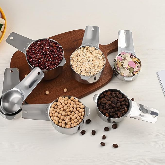 zoyizi Measuring Cups Set 7, 18/8 Stainless Steel Measuring Cups for Kitchen & Baking, Metric & US Measure Cups for Dry and Liquid, Metal Measuring Tools with 1/8, 1/4, 1/3, 2/3, 3/4 Measure Cups