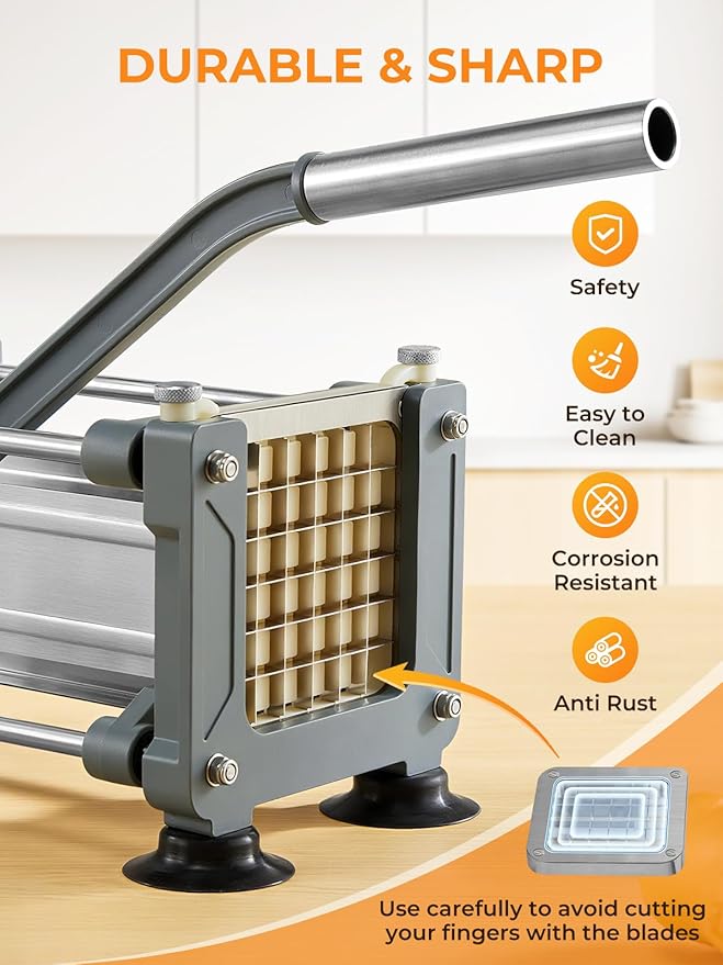 FOHRER French Fry Cutter, Professional Manual Potato Cutter for Fries with 1/2 Inch, 3/8 Inch and 1/4 Inch Heavy Duty Stainless Steel Blades, Easy to Use for Whole Potatoes, Carrots, Cucumbers