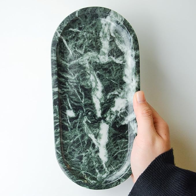 SWRONP Marble Tray for Kitchen Counter,Stone Tray for Bathroom Countertop,Dresser Vanity Decor Tray,Storage Trays for Perfumes,Candles,Jewelry (Dark Green)