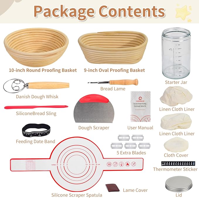 SOURACE Sourdough Starter Kit with 10" Round & 9" Oval Banneton Proofing Basket and Starter Jar, Complete Sourdough Bread Baking Supplies and Baking Gifts for Women, Men, and Bread Bakers