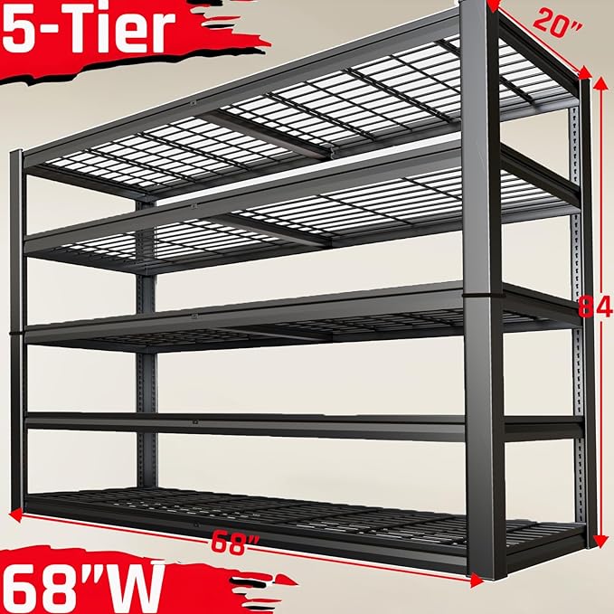 68" Wide Heavy Duty Garage Shelving Units, 5-Tier Deep Storage Shelves,Black Metal Garage Shelves,Steel Shelf,Large Storage Rack,Industrial Shelving for Shop, 68" W x 20" D x 84" H,2 Pack