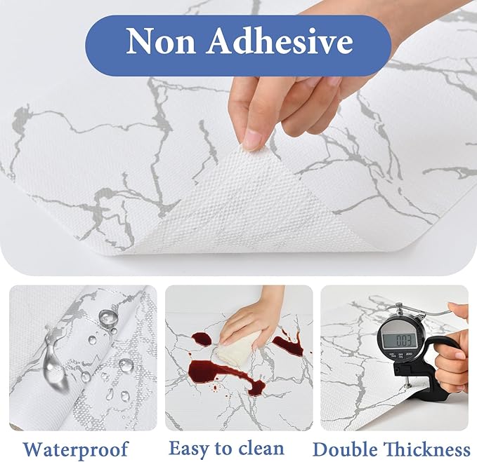 Drawer and Shelf Liner for Kitchen Cabinet: 23.6 in X 20 Ft Non Slip Waterproof Shelf Paper Non Adhesive Refrigerator Liners Silver Marble Easy Liners for Bathroom with Knife Tape Measure