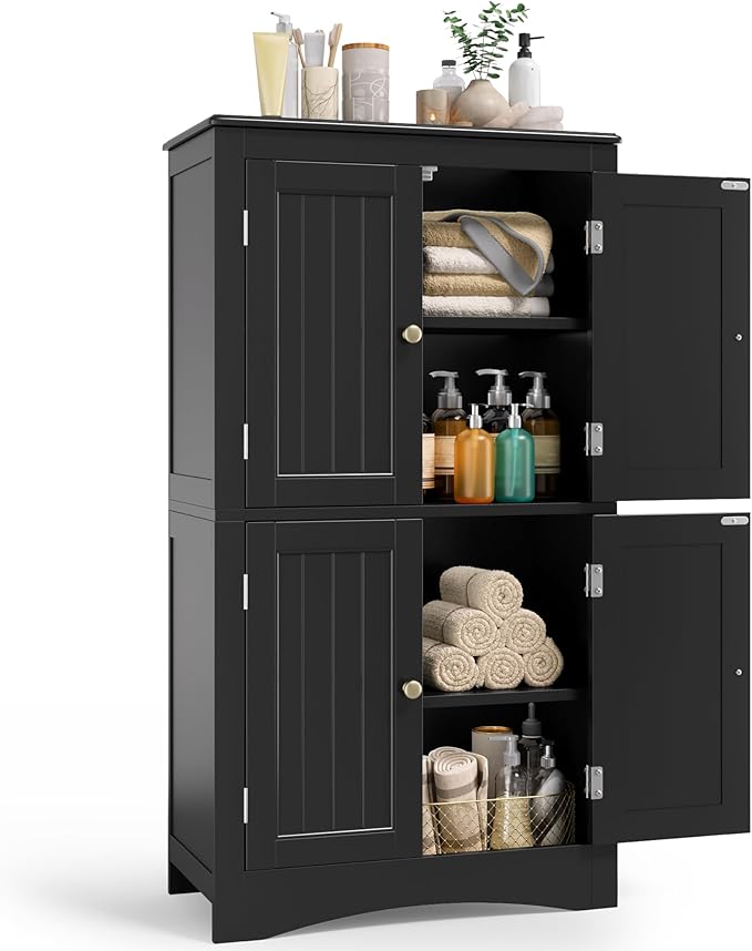 Gizoon 43" Kitchen Pantry Cabinet, Freestanding Floor Cabinet with Adjustable Shelves and 4 Magnetic Doors, Bathroom Storage Unit, for Kitchen, Living Room, Black