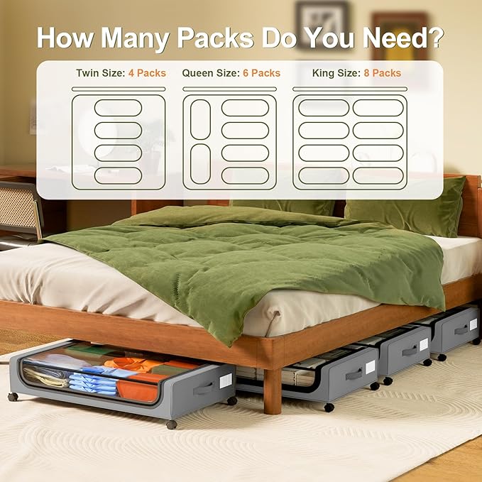 GoMaihe Under Bed Storage with Wheels: XXL Underbed Storage Containers with Lids - Rolling Bins for Shoes Clothes in Dorm Bedroom - Metal Drawers Easy Pull-out Grey 2-Pack