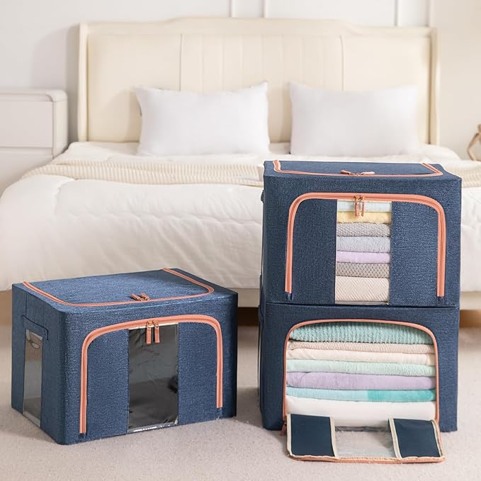 GuliPostan 24L Stackable Clothes Storage Bins with Metal Frame Handles & Zipper, Collapsible Closet Organizer Box with Lid for Bedding Blankets Towel (Navy,1 pack)