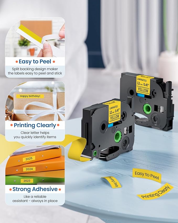 Replacement for Brother P Touch Label Tape Yellow TZe-631 TZe631 TZe TZ Tape 12mm 0.47 Laminated Black on Yellow Label Maker Tape for PT-D210 PT-D200 PT-D220 PT-H110, 1/2 Inch x 26.2 feet, 4-Pack