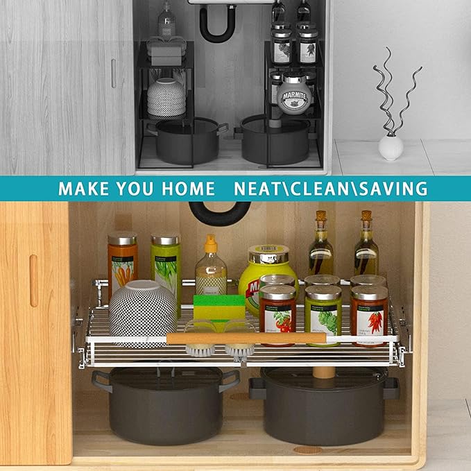 MIYUPTC Large Pull Out Kitchen Cabinet Organizer, 22.7''-39.8''W x 22''D, Heavy Duty Slide Out Pantry Shelves Sliding Drawer Storage for Kitchen, Under Sink, Bathroom, Wardrobe, Steel Metal