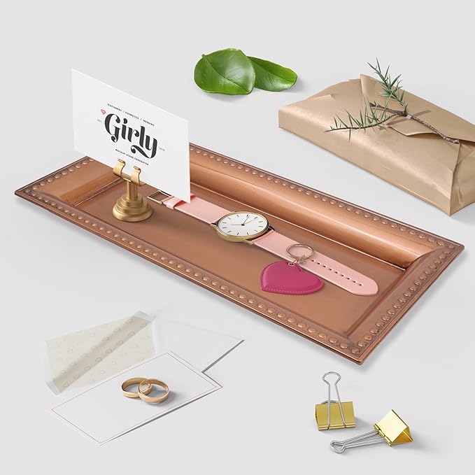 Leemxiiny 2 Pack Bronze Bathroom Vanity Tray for Countertop with Beads, Small Plastic Toilet Tank Versatile Storage Organization Tray for Makeup, Perfume, Desk, Kitchen, Candles, 14"x7"x1", 36GT