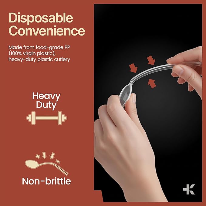 Bakken Disposable Cutlery Set 1000 Pieces Spoons, Heavy Duty Plastic Silverware, BPA-Free Food-Grade Materials, Heat-Resistant, Reusable Utensils for Parties, Catering, BBQs, and Everyday Use, Clear