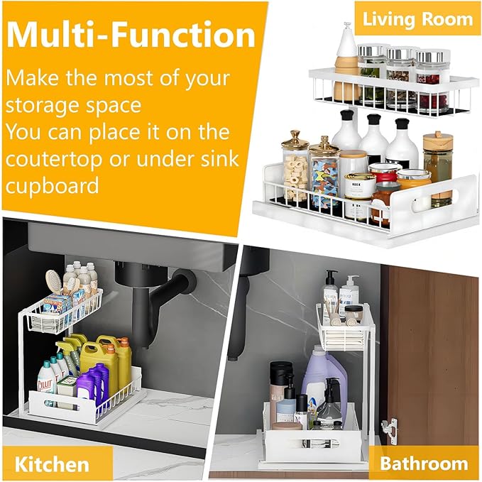 Ceetug Under Sink Organizers and Storage 2 Tier Slide Out Kitchen Cabinet Organizer Sturdy Metal Bathroom Storage (White, 1 Pack)