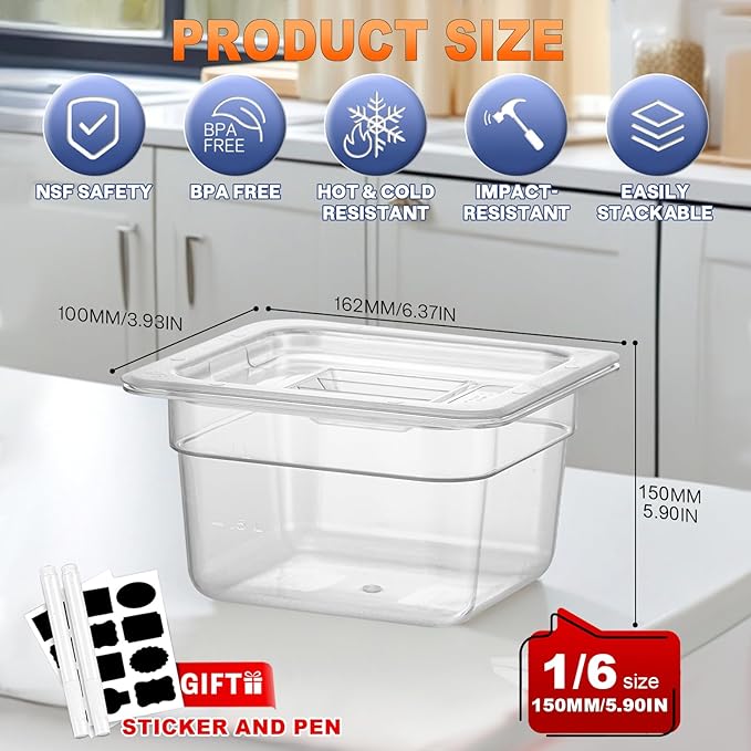 RVGMBO 1/6 Size 6 Inch Commercial Food Pan with Lids-[NSF Certified][Hot&Cold Resistant] 6PCS Clear Restaurant Food Storage Containers with Lids, Topping Salad Bar Container (BPA-Free)