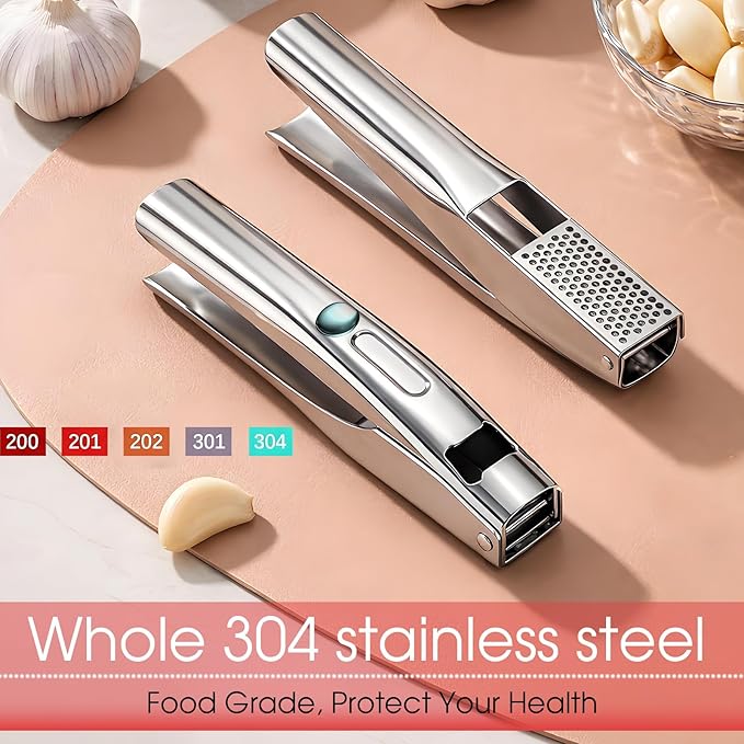 UOSLOR Garlic Press Heavy Duty Mincer and Peeler Set, Rust Proof 304 Stainless Steel Garlic Crusher, Easy-Squeeze Nut Ginger Chopper, Dishwasher Safe Kitchen Gadget