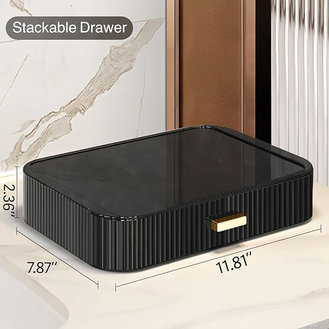 Decorcode Stackable Cosmetics Organizer Drawers, Bathroom Vanity Makeup Organizer and Storage, Ideal for Desk and Dresser Countertops, Great for Palette, Skincare, Lipsticks, Nail Care-Black