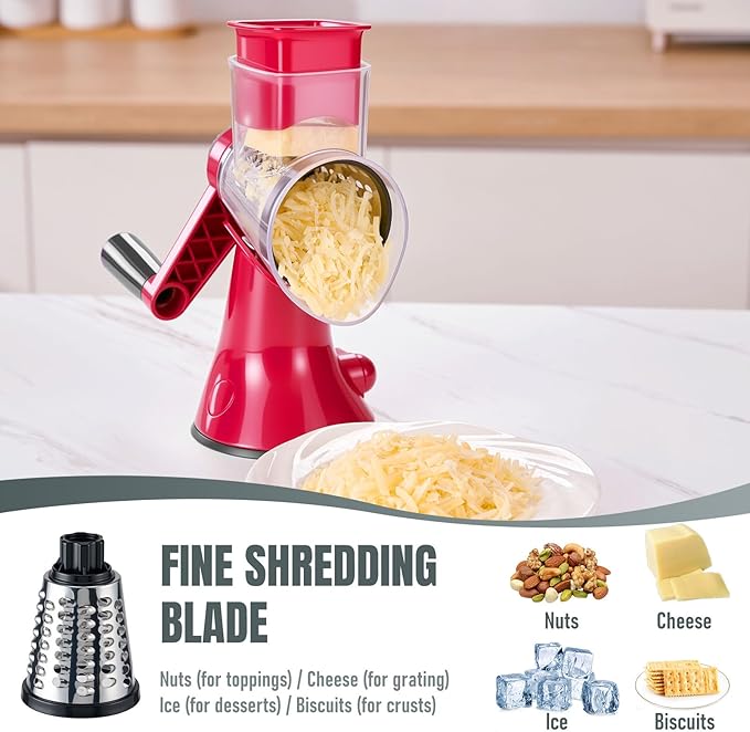 Rotary Cheese Grater with Handle - 3 in 1 Vegetable Slicer Shredder, Kitchen Mandoline with 3 Premium Stainless Steel Blades & Strong Suction Base, Easy Clean Food Chopper for Cheese Vegetables Fruits